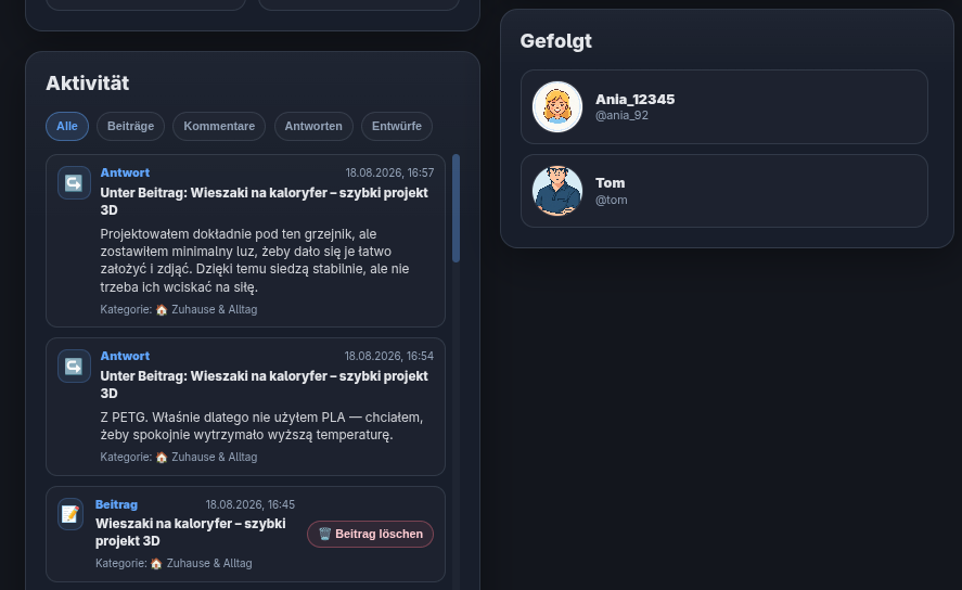 Aktivität und gefolgte Nutzer in einem Profil