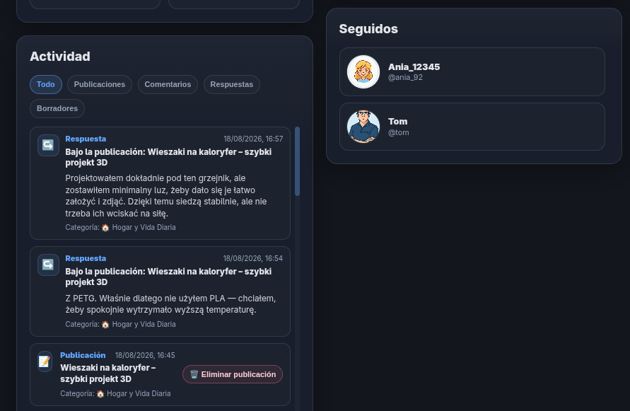 Actividad y usuarios seguidos en el Perfil