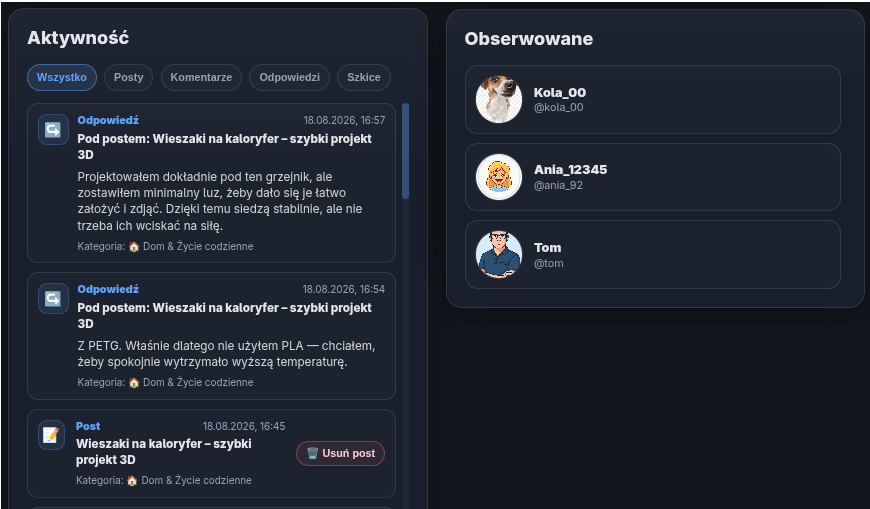 Aktywność i obserwowani użytkownicy na Profilu