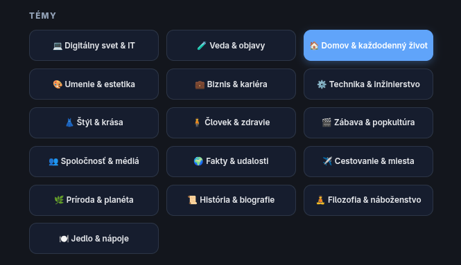 Kategórie dostupné pri vytváraní Príspevku