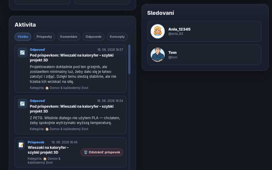 Aktivita a sledovaní používatelia na Profile